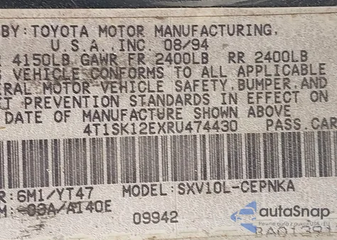 1994 Toyota Camry Le из США, поврежденный, VIN 4T1SK12EXRU474430